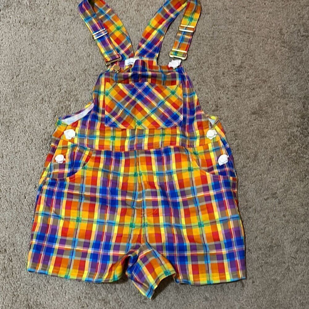 We Wore What Women's S Rainbow Overalls Short Romper Colorful Plaid Bold New
